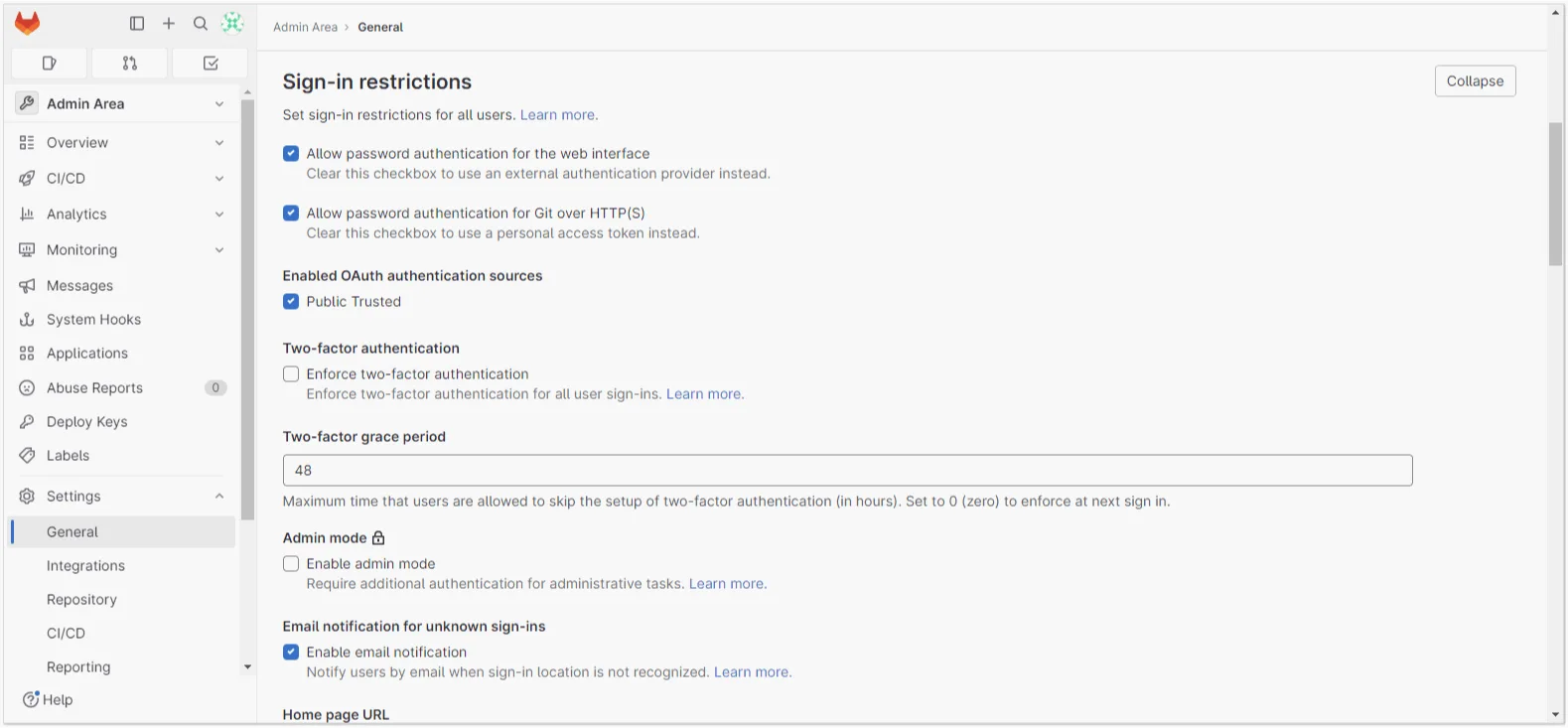 Настройка административной части GitLab