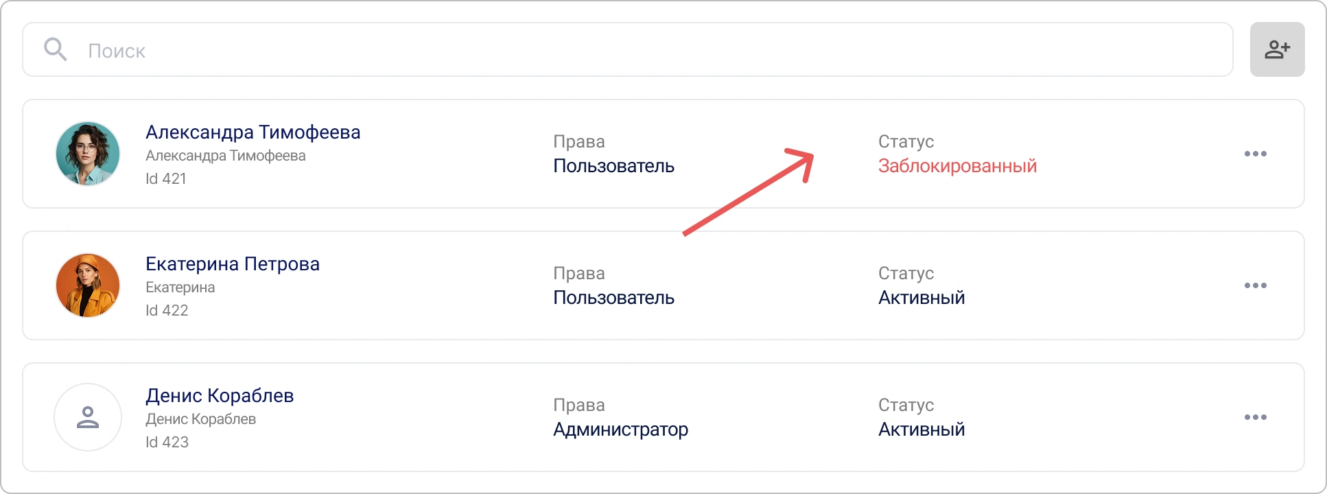 Статус заблокированного пользователя в списке пользователей КриптоАРМ IDM