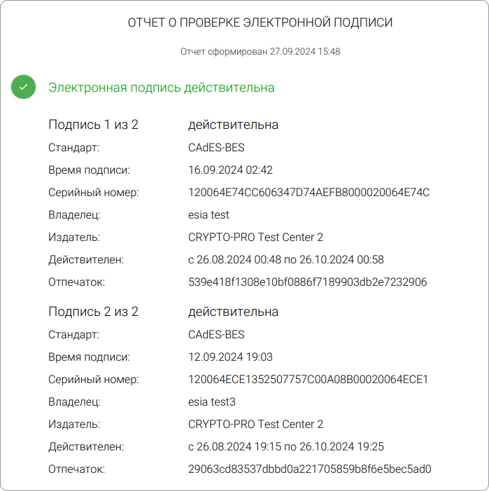 Пример отчета о проверки подписи
