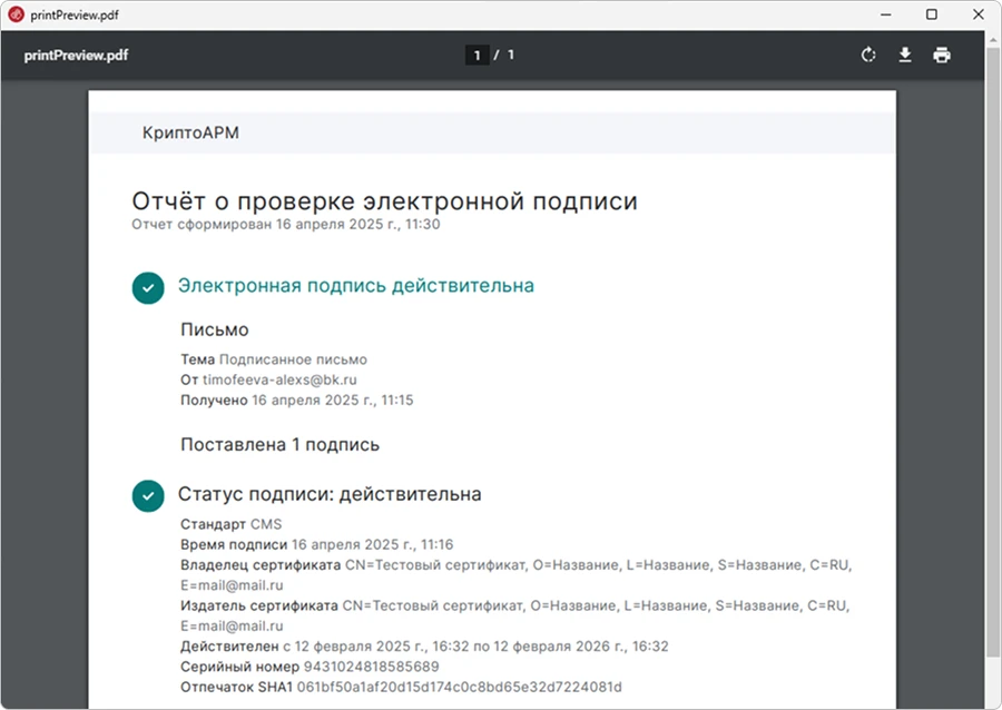 Окно с печатной формой отчета