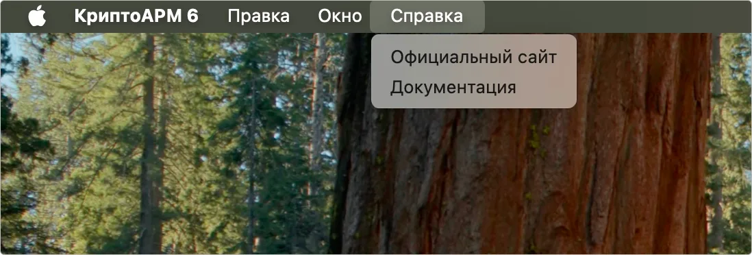 Меню со справкой приложения КриптоАРМ на macOS