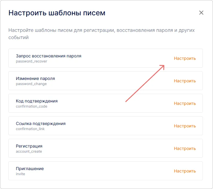 Выбор шаблона письма для редактирования в Trusted.ID