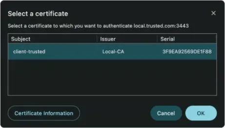 Список сертификатов, доступных для добавления в качестве идентификатора