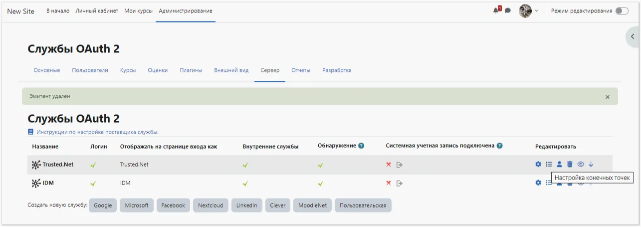Кнопка перехода к настройкам конечных точек