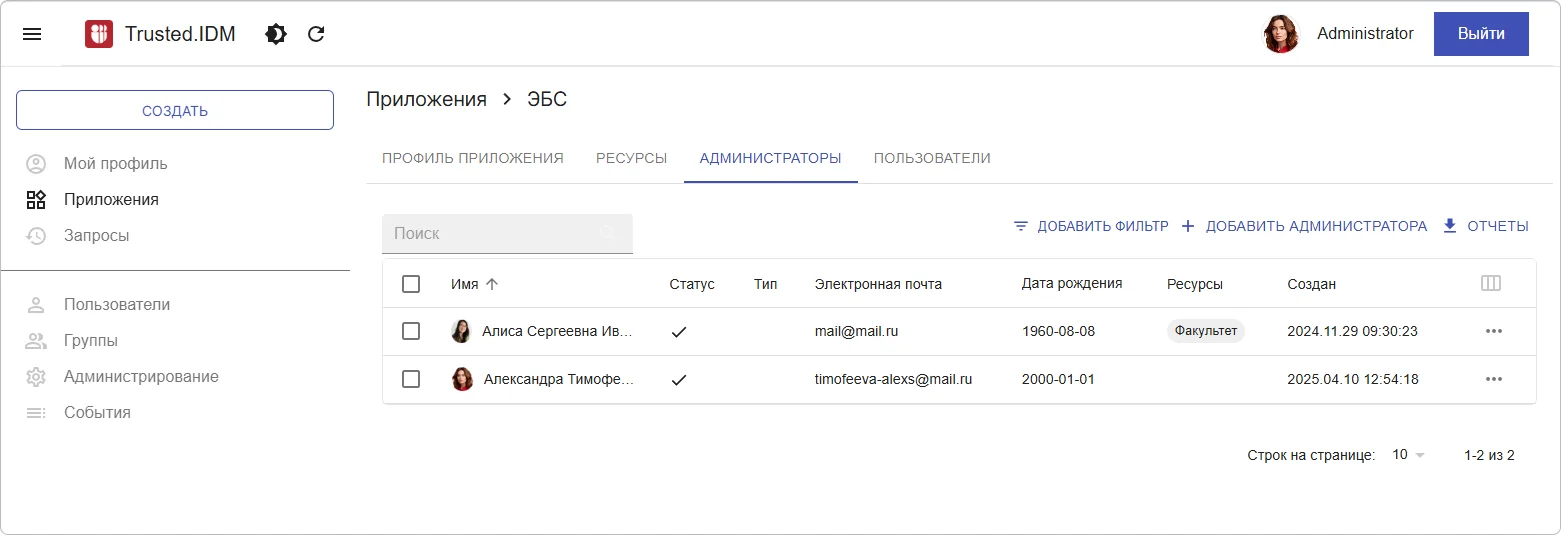Администраторы приложения