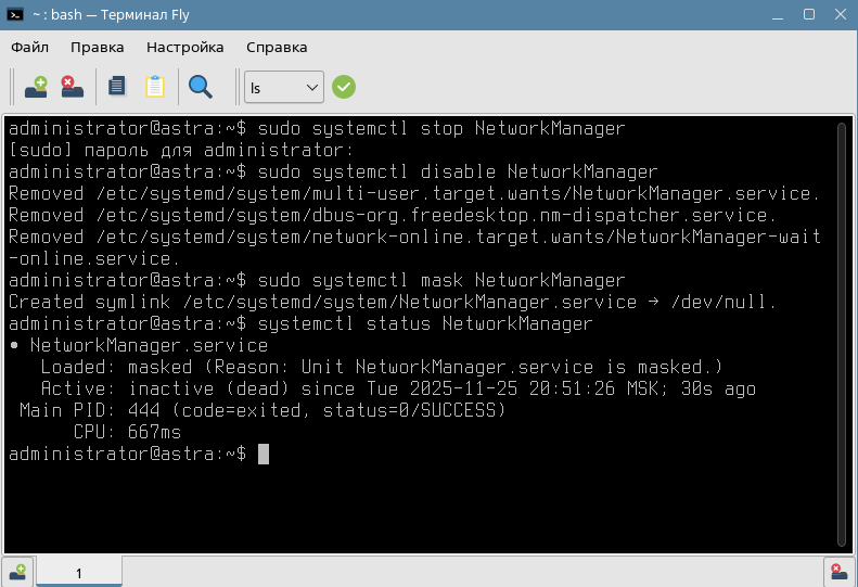 Рисунок 7. Отключение службы NetworkManager